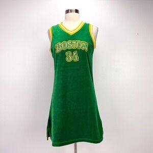 Rare Vintage Boston Celtics Green Velour Jersey Mini Dress Retro #34 Basketball